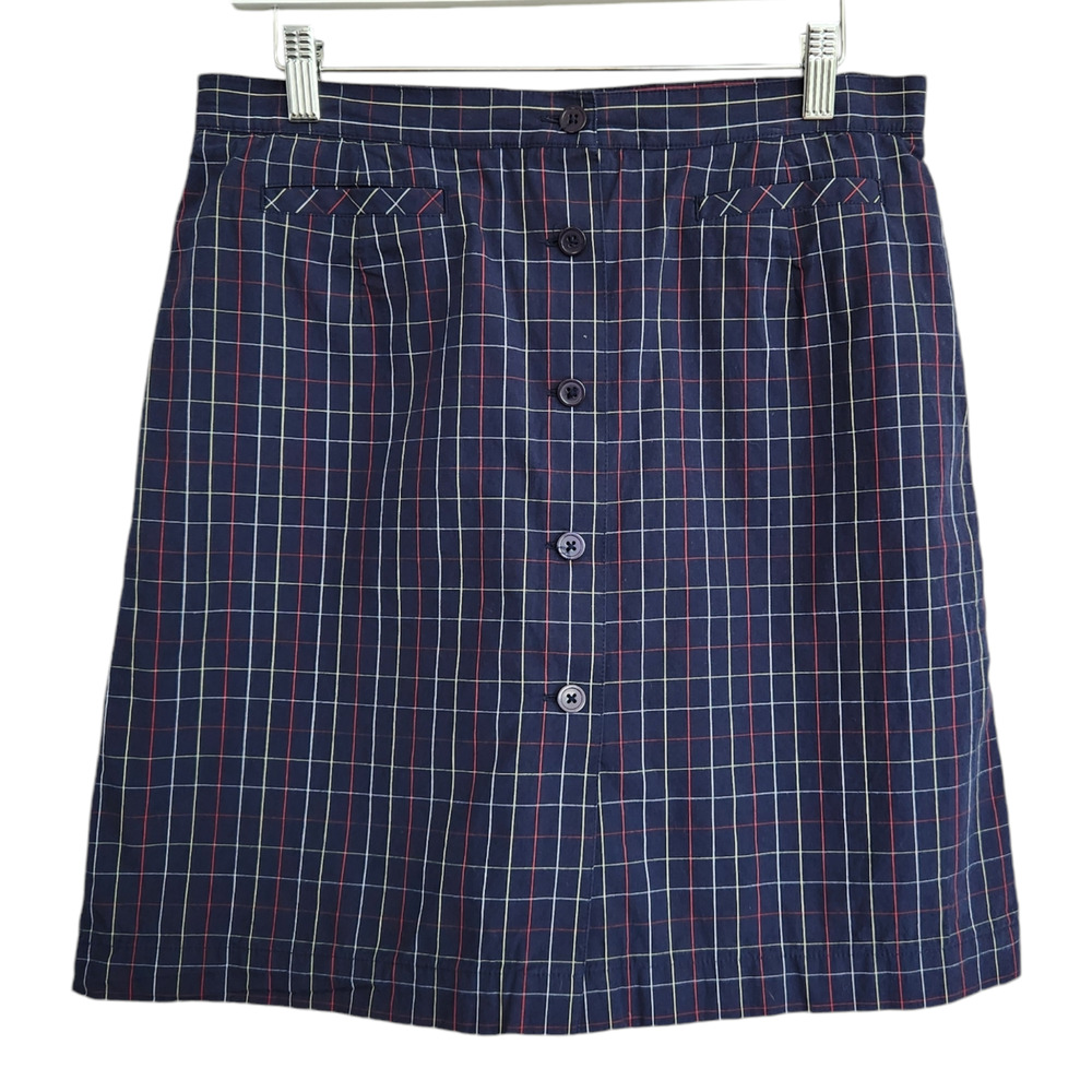 Vintage Liz Claiborne Navy Blue Red White Plaid High Waisted Button Down Skort